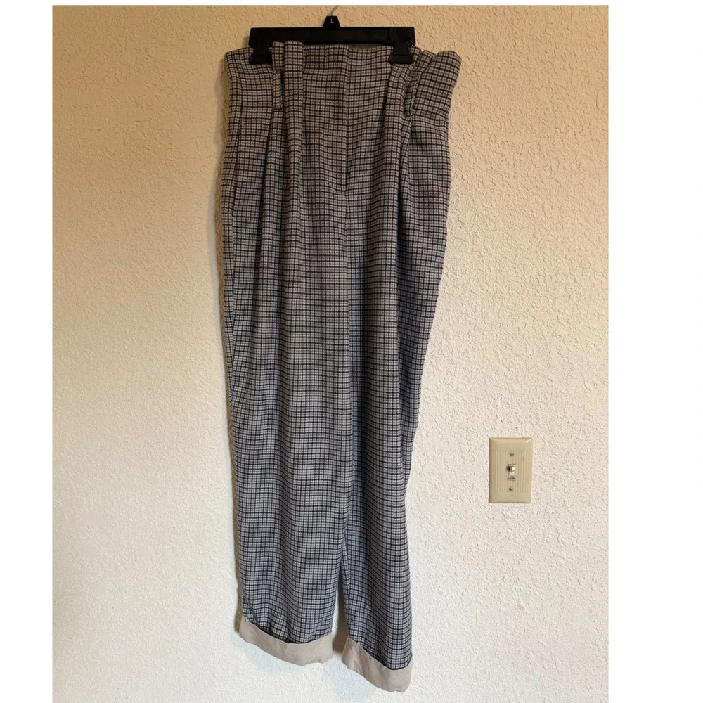 Zara Houndstooth High Waisted Pleated Trousers Black Tan Linen Blend Small 26